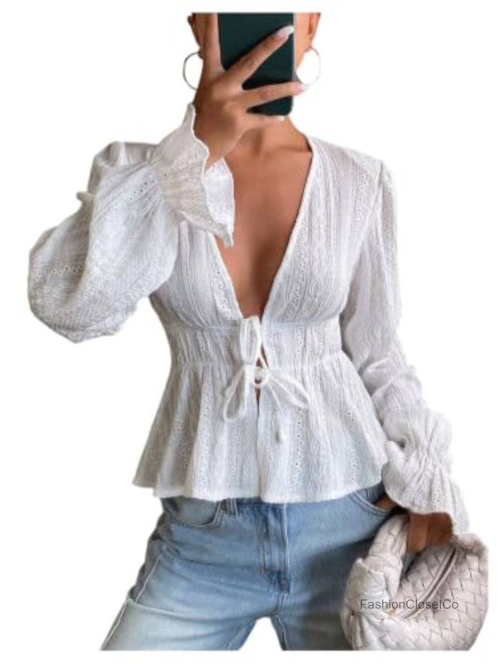 Women's Boho Peplum Top Tie Front Long Sleeve Flowy Eyelet Blouse